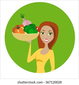 Beautiful red hair girl with the bowl full of vegetables in the green circle