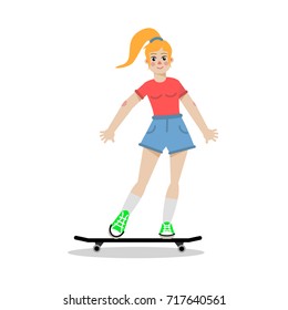 Beautiful red hair girl exercising with skateboard. Red-haired girl activity.