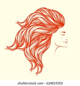Beautiful red hair girl with freckles.Vector icon.