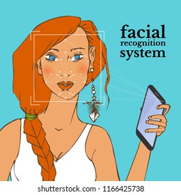 beautiful red hair Girl holding a smartphone with face recognition system scanning her face, on blue background