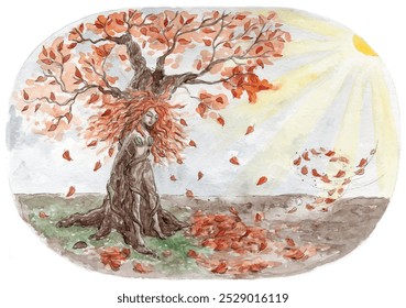 Hermosa chica de cabello rojo, árbol de hojas rojas, el pasado otoño Sol - ilustración de acuarela de la Madre Naturaleza en octubre. Caída de la deidad pagana, espíritu de la Naturaleza, de la seca o de la ninfa forestal. Pintura mitológica, Vector