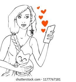 beautiful red hair girl with a smartphone and a cute white cat on her lap. Monochrome black and white