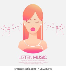 Beautiful red hair woman listen music on headphones with closed eyes. White earphones. Lovely music. Cute girl. Vector design illustrations.
