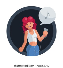 Beautiful red hair young woman listening to music with smartphone earbuds and singing a song. Vector flat illustration.