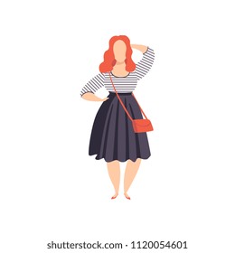 Beautiful red haired curvy, overweigh girl in fashionable clothes, plus size fashion woman, body positive vector Illustration on a white background