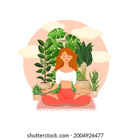 Beautiful red haired girl in a lotus pose surrounded by plants. Vector illustration of a meditating woman at home. Harmony and balance. Crossed legs. Girl in the interior.