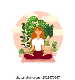 Beautiful red haired girl in a lotus pose surrounded by plants. Vector illustration of a meditating woman at home. Harmony and balance. Crossed legs. Girl in the interior.