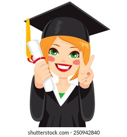 Beautiful red haired girl on graduation day with diploma and making victory sign with hand