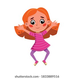 Beautiful Red Haired Girl in Pink Dress Happily Jumping, Cute Preschool Kid Having Fun, Celebrating Holiday, Doing Sports Cartoon Style Vector Illustration