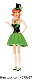 Beautiful red haired leprechaun girl on white background.