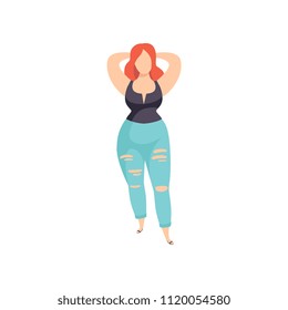 Beautiful red haired plus size woman, curvy, overweight girl, body positive vector Illustration on a white background