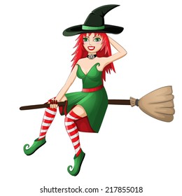 Beautiful red haired witch flying on a broomstick isolated on white background 