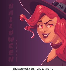 Beautiful red haired witch halloween character. Cartoon style illustration