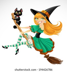 Beautiful red haired witch and her black cat familiar flying on a broomstick  isolated on white background