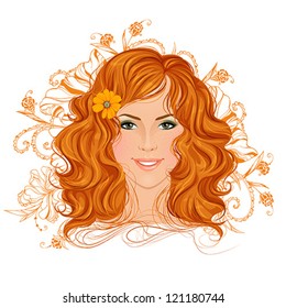 Beautiful red haired woman's portrait with floral decorative elements. Isolated vector illustration.