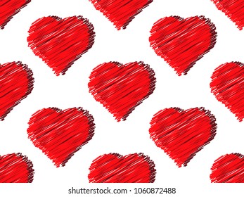 Beautiful red hatched hearts on a white background. Seamless pattern. Close-up. Vector.