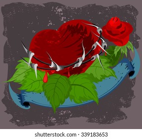 Beautiful red heart with banner grunge style vector background