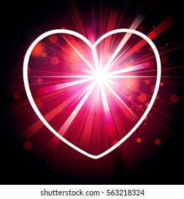 Beautiful red heart design with rays, bokeh and sparkles

