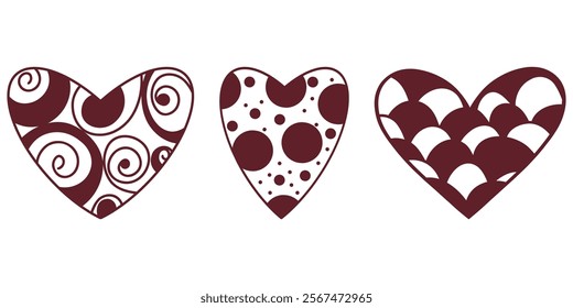 Beautiful red heart drawings set, variety of intricate patterns, transparent decorative hearts, celebrating romance and elegance