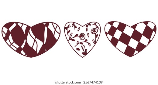 Beautiful red heart drawings set, variety of intricate patterns, transparent decorative hearts, celebrating romance and elegance, floral, checkered