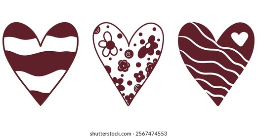 Beautiful red heart drawings set, variety of intricate patterns, transparent decorative hearts, celebrating romance and elegance, floral, lines