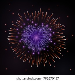 Beautiful red heart-firework. Romantic firework, isolated on black background. Light love decoration salute for Valentine Day celebration. Symbol of holiday, wedding Vector illustration
