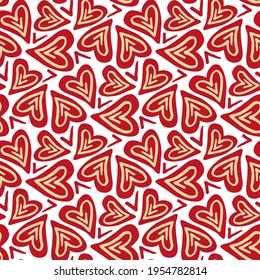 Beautiful red hearts isolated on white background. Cute seamless pattern. Vector simple flat graphic hand drawn illustration. Texture.