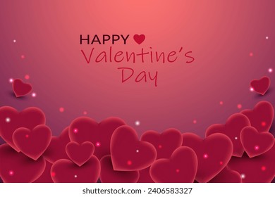 Beautiful red hearts, lights, glare and confetti with greeting text for Valentine's Day. Romantic background. Vector illustration for poster, banner, card or cover.