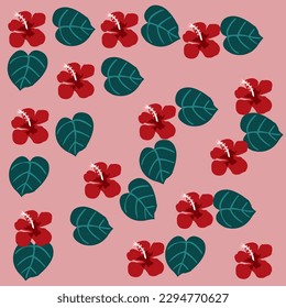 Beautiful red hibiscus flower pattern background with leaves