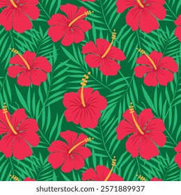 Beautiful red hibiscus flowers on green tropical palm leaves seamless pattern. For wallpaper, fabric, textile and summer décor. 