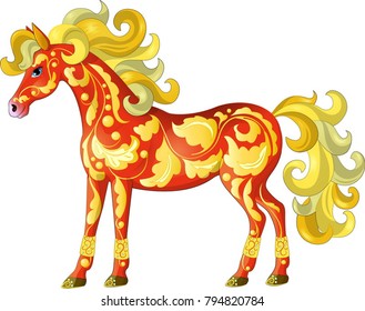 Beautiful red horse with a Golden floral pattern and a Golden mane, decoration