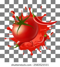Beautiful red hot chili sauce background with isolated tomato and splash of juice, tomato paste, ketchup, sauce. 3d illustration Gradient Mesh

