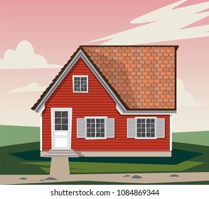 Beautiful red house with white Windows. shutters, wooden Windows, wooden cozy house. A house in the country. Vector graphics