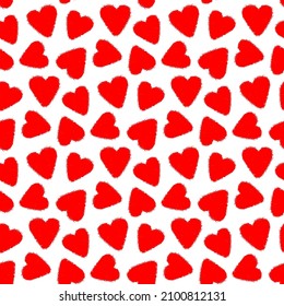 Beautiful red ink small hearts isolated on white background. Cute monochrome seamless pattern. Vector simple flat graphic hand drawn illustration. Texture.