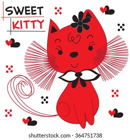 beautiful red kitty with hearts and dots vector illustration