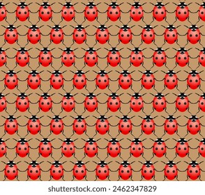 Beautiful red ladybugs on a brown background. Seamless natural pattern, print, vector illustration