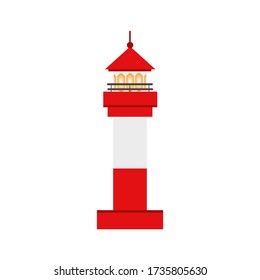 Beautiful red lighthouse. Children's cartoon vector illustration. The icon of the lighthouse. Design of children's books, postcards, posters, decor elements.