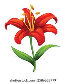 Beautiful red lily flower with smooth petals and leaves, perfect for elegant floral designs. Vector cartoon illustration