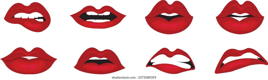 Beautiful red lip icon set with teeth vector art