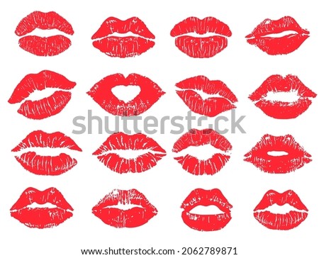 Beautiful red lip imprint set. Isolated on white. Women's lips lipstick kiss print set for valentine day and love illustration