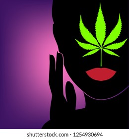 Beautiful red lip women's silhouette touching her face and cannabis (marijuana leaf) on purple background, icon vector illustration. EPS10/ILLUSTRATION