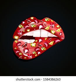 Beautiful red lips with gemstone on the black background. Fashion vector illustration.
