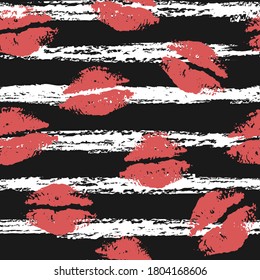 Beautiful red lips on a background of black stripes. Seamless pattern. Lip print. Kisses. Freehand drawing. Flat vector illustration isolated on black background.