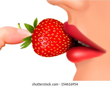 Beautiful red lips with strawberry. Vector illustration. 