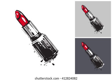 Beautiful red lipstick vector hand drawn fashion sketch. Label with glamour vogue red lipstick. Isolated element on white, gray and black background. Fashion vector illustration.