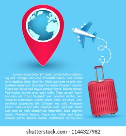 Beautiful red luggage and Airplane aerial with check in point travel concept Design Invitation Template world map on blue Background Design, Card for greeting Poster, banner, paper art, 