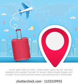 Beautiful red luggage and Airplane aerial with check in point travel concept Design Invitation Template world map on blue Background Design, Card for greeting Poster, banner, paper art, 