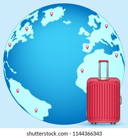 Beautiful red luggage with check in point travel concept Design Invitation Template world map on blue Background Design, Card for greeting Poster, banner, paper art, 