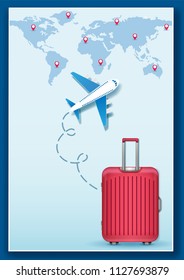 Beautiful red luggage and Plane with check in point travel concept Design  Invitation Template world map on Background Design, Card for greeting Poster, banner, paper art, Vector illustration.  