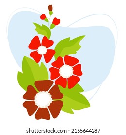 Beautiful red mallow flowers with leaves. Vector illustration. Botanical bouquet for design, postcards, decor and decoration, print
